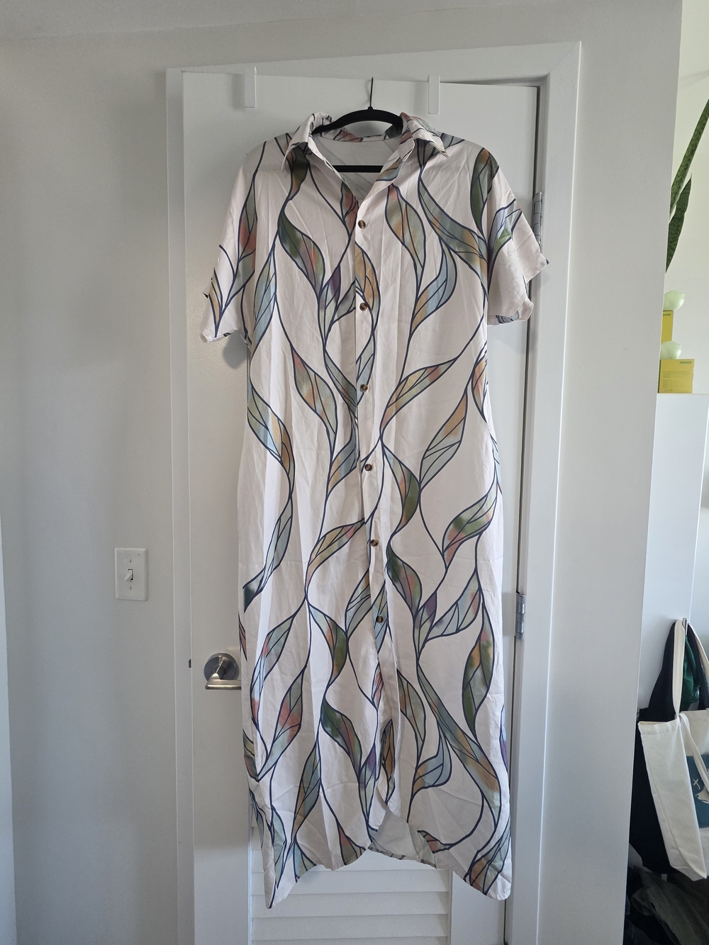 Button-Front Leaf Print Shirt Dress - White Base with Multicolor Leaves
